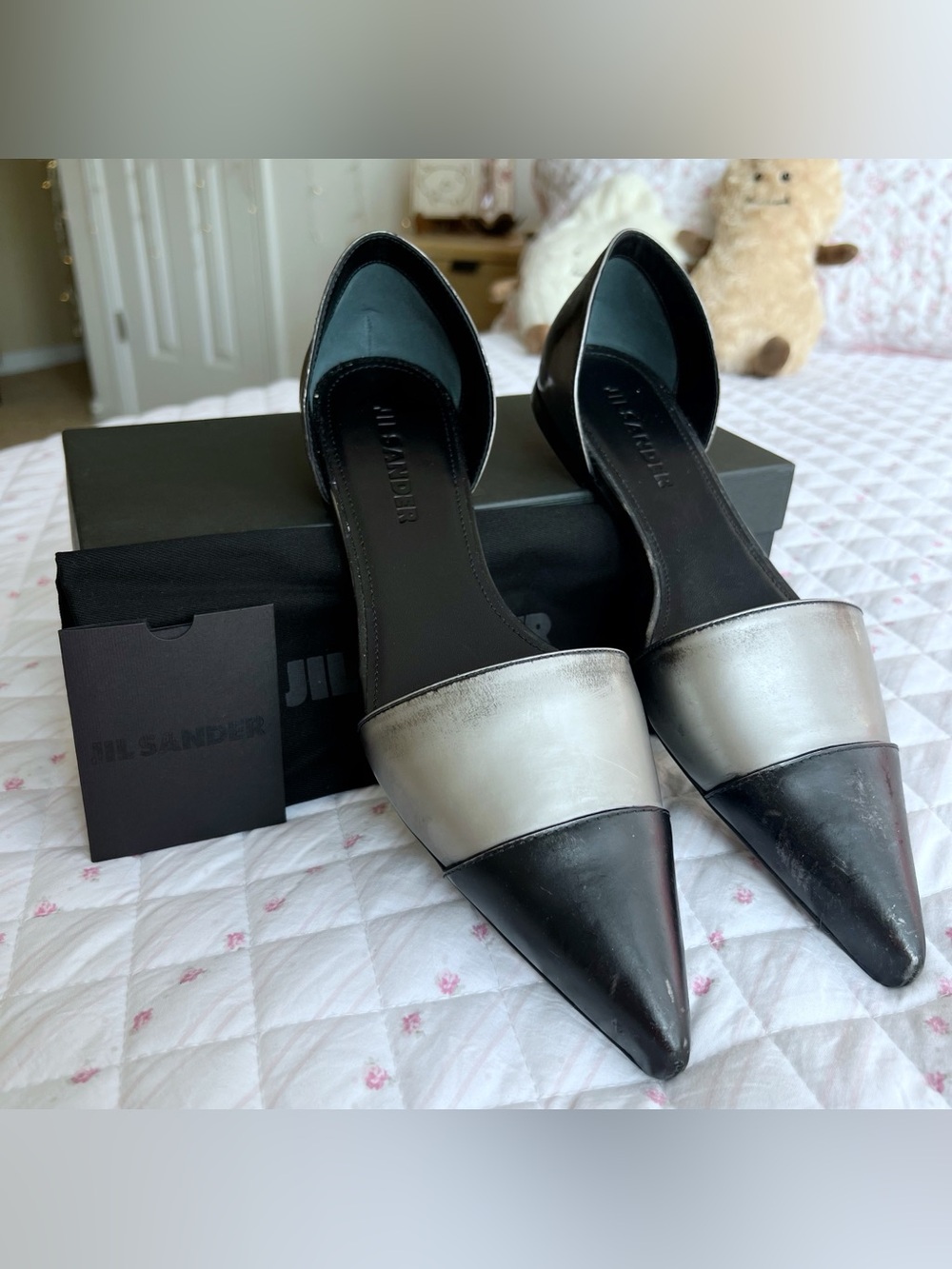 Jil Sander Black Silver Leather D’Orsay Pointed Flats Loafers Sandals Size 39